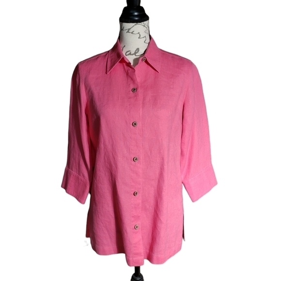 Chico's Womens 100% Linen Button Up Top Collar 3/4 Sleeves Sz 0 (Small 4) - Picture 1 of 10